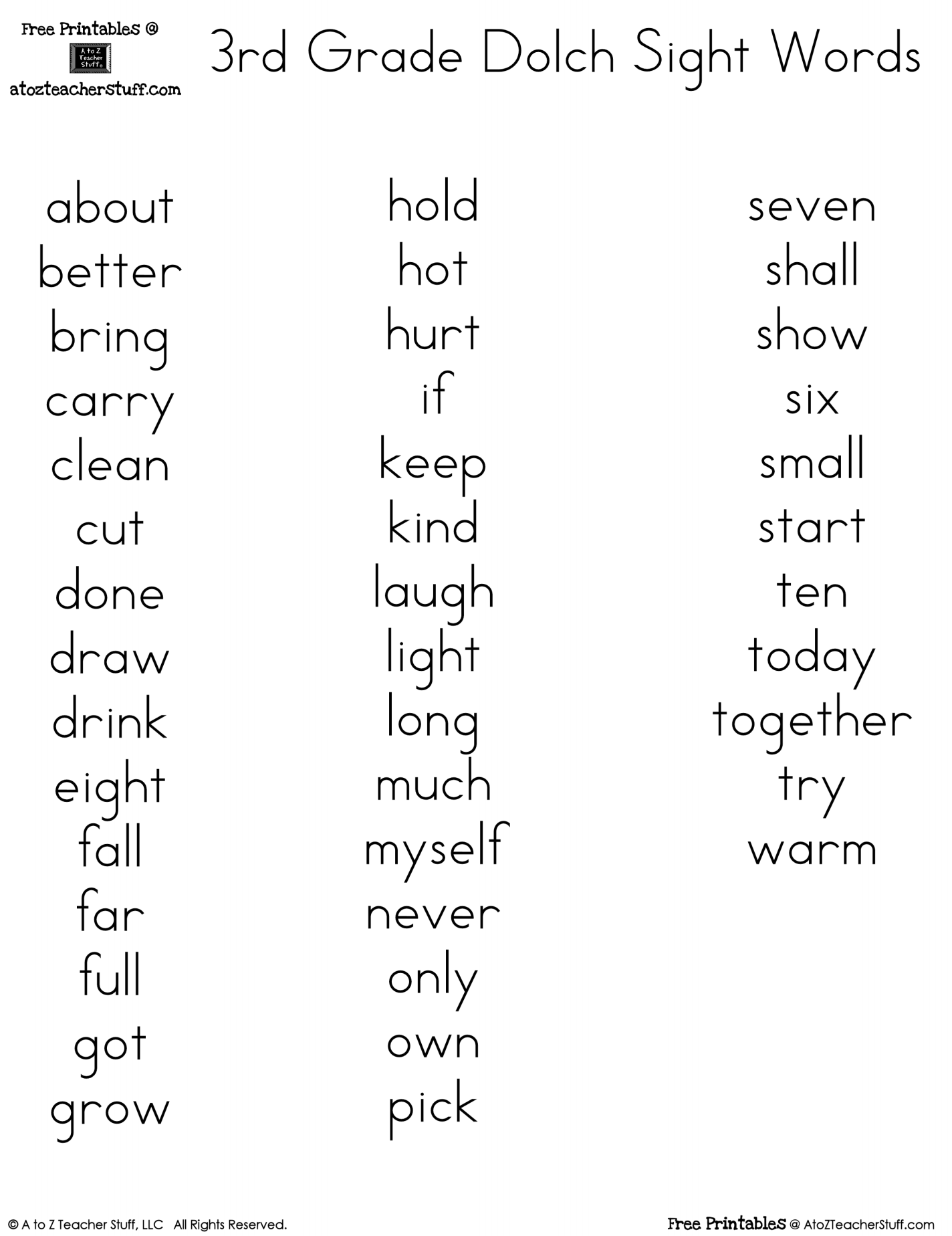 2nd Grade Sight Words List Printable