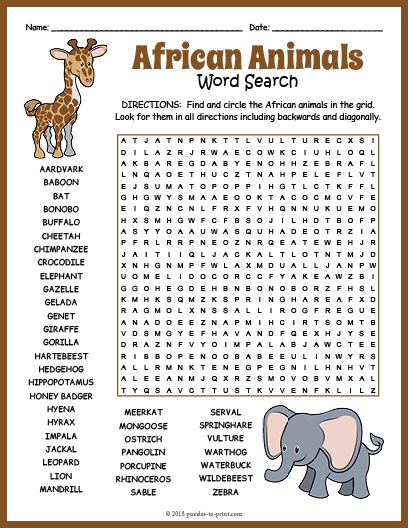 African Animals Word Search African Animals Word Search