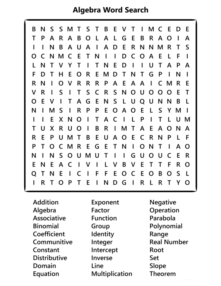 Algebra Word Search Printable Word Search