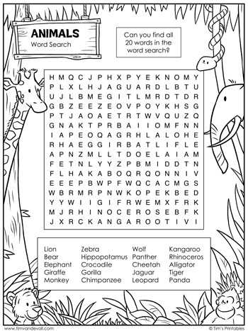 Animal Word Search Tims Printables Worksheets Library