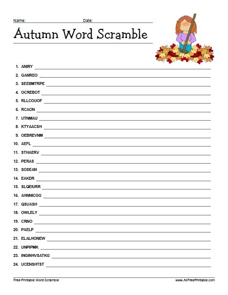 Autumn Word Scramble Free Printable