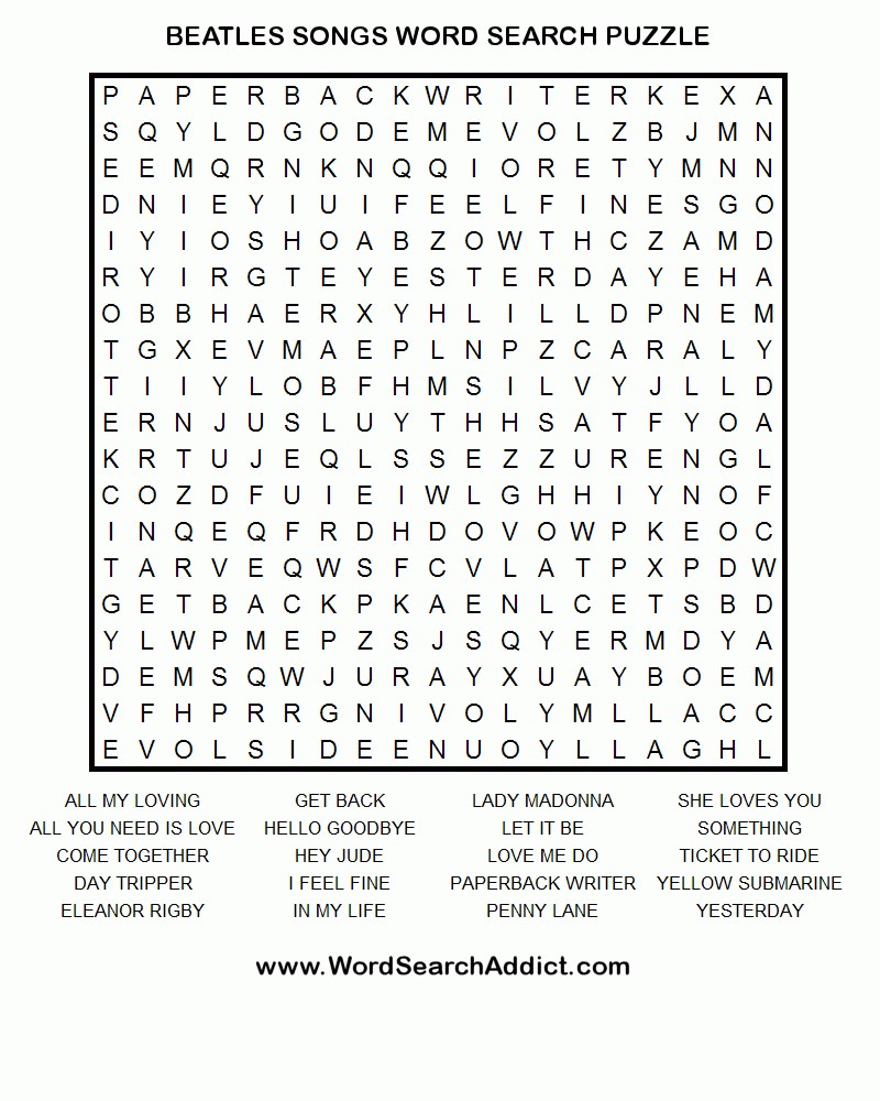 Beatles 39 Songs Printable Word Search Puzzle