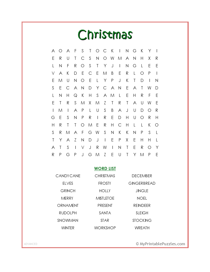 Christmas Word Search Advanced My Printable Puzzles
