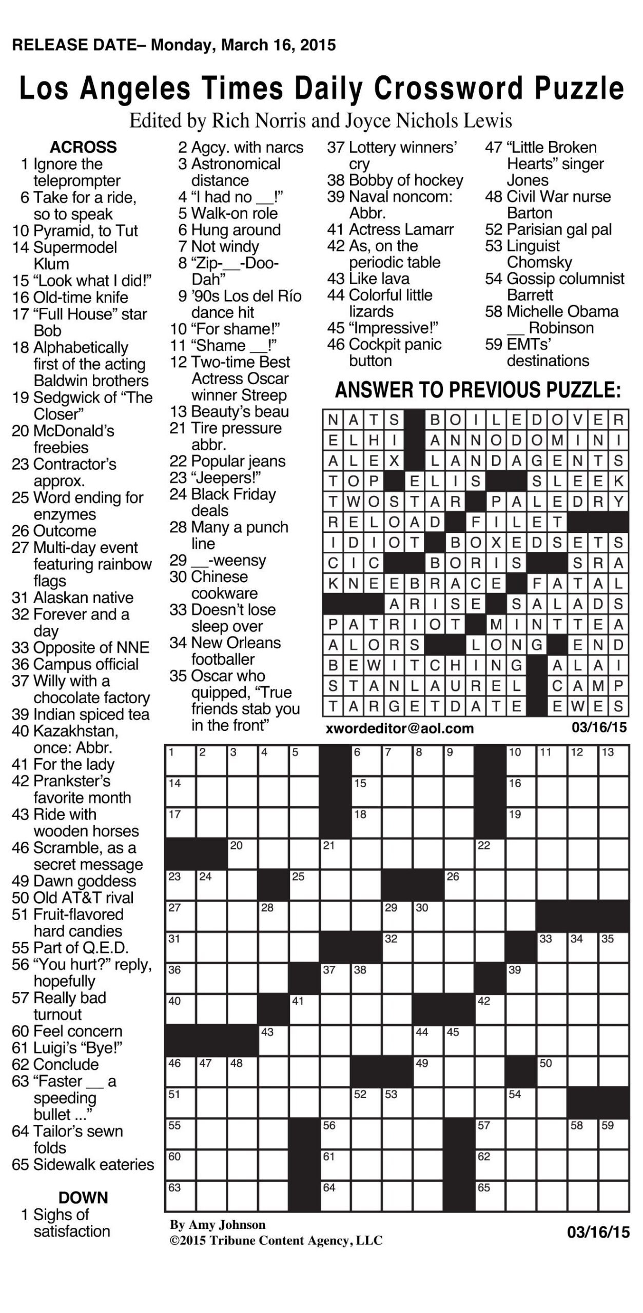 Daily Crossword Puzzle Printable Jowo Free La Times Crossword 