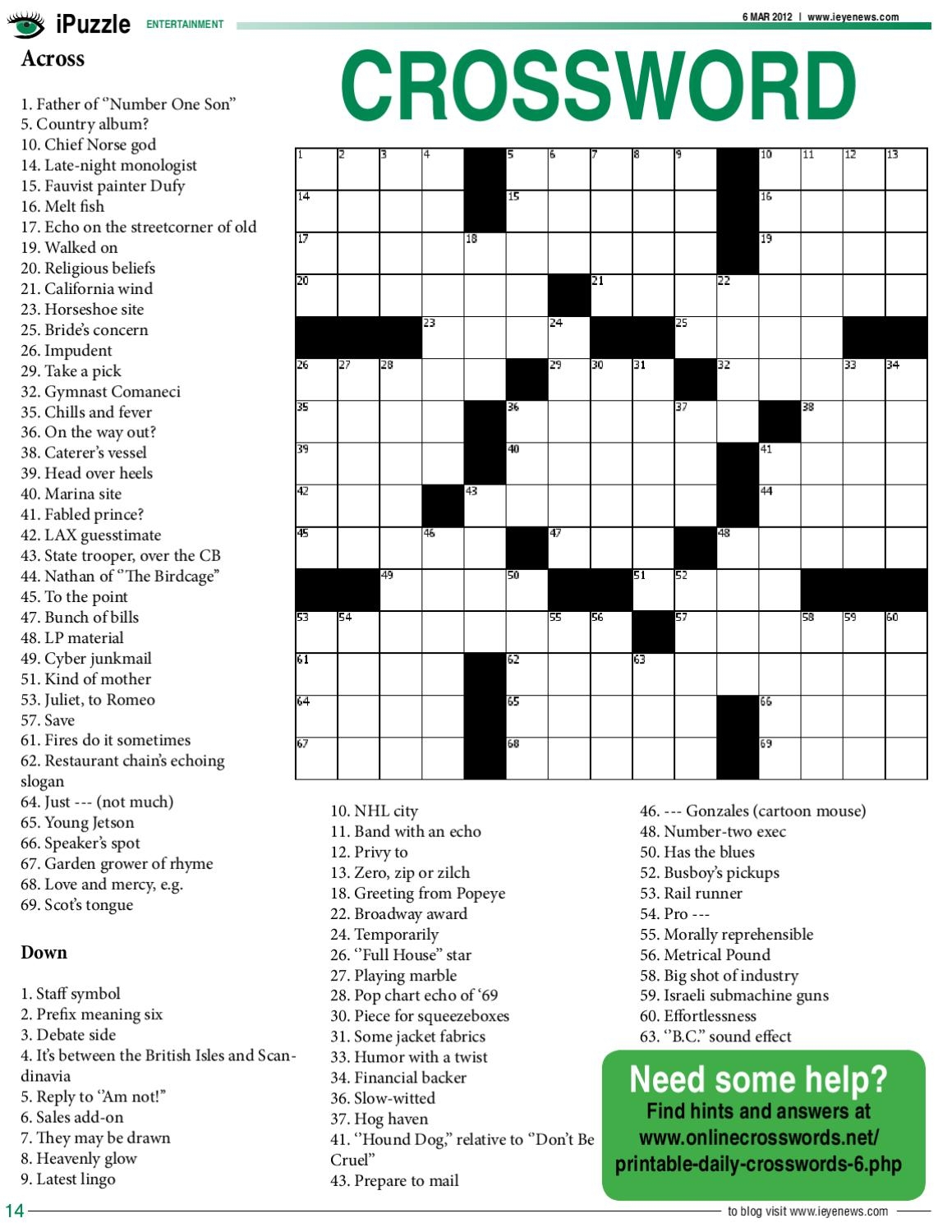 Daily Printable Crossword With Solutions
