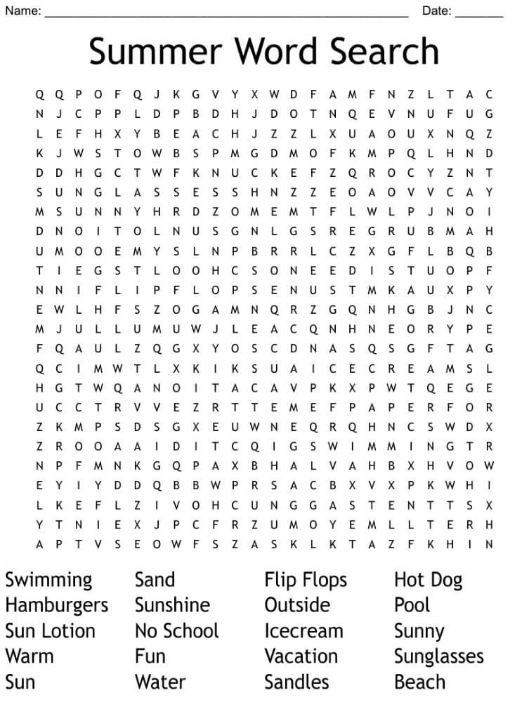 Difficult Summer Vacation Word Search Free Download And Print For You 