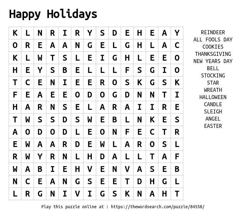 Download Word Search On Happy Holidays