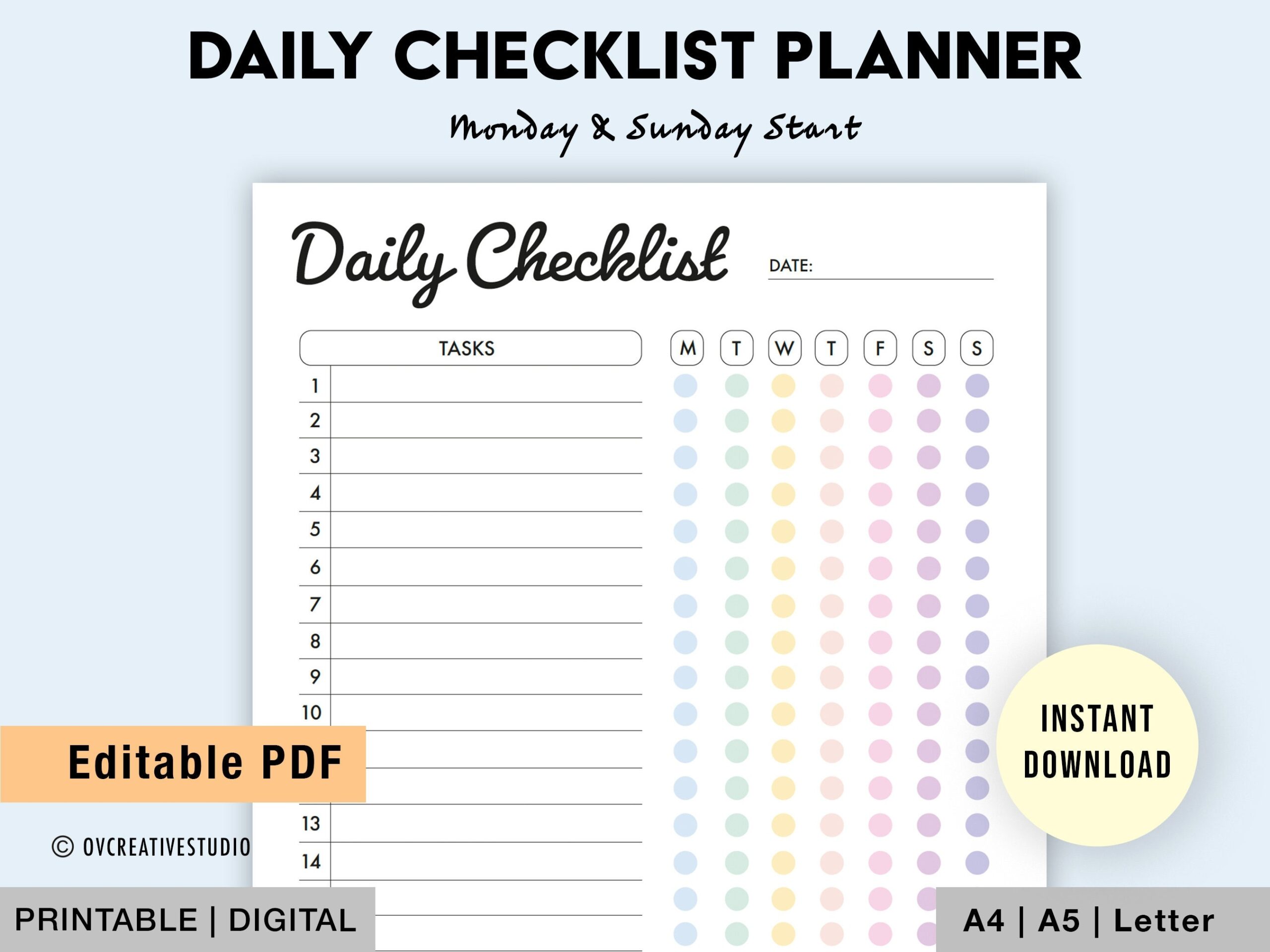 Editable Daily Checklist Printable Weekly To Do List Etsy