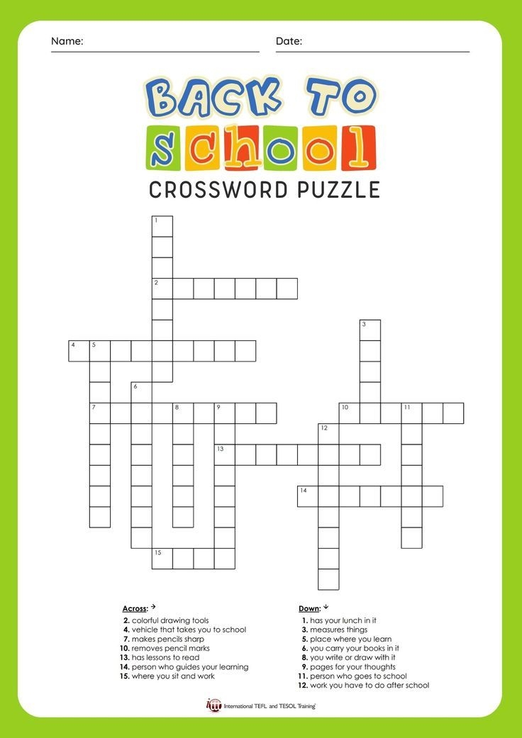EFL Back To School Vocabulary Crossword Puzzle with Answers 