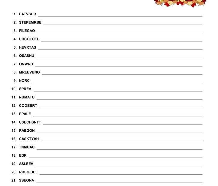 Fall Word Scramble Free Printable