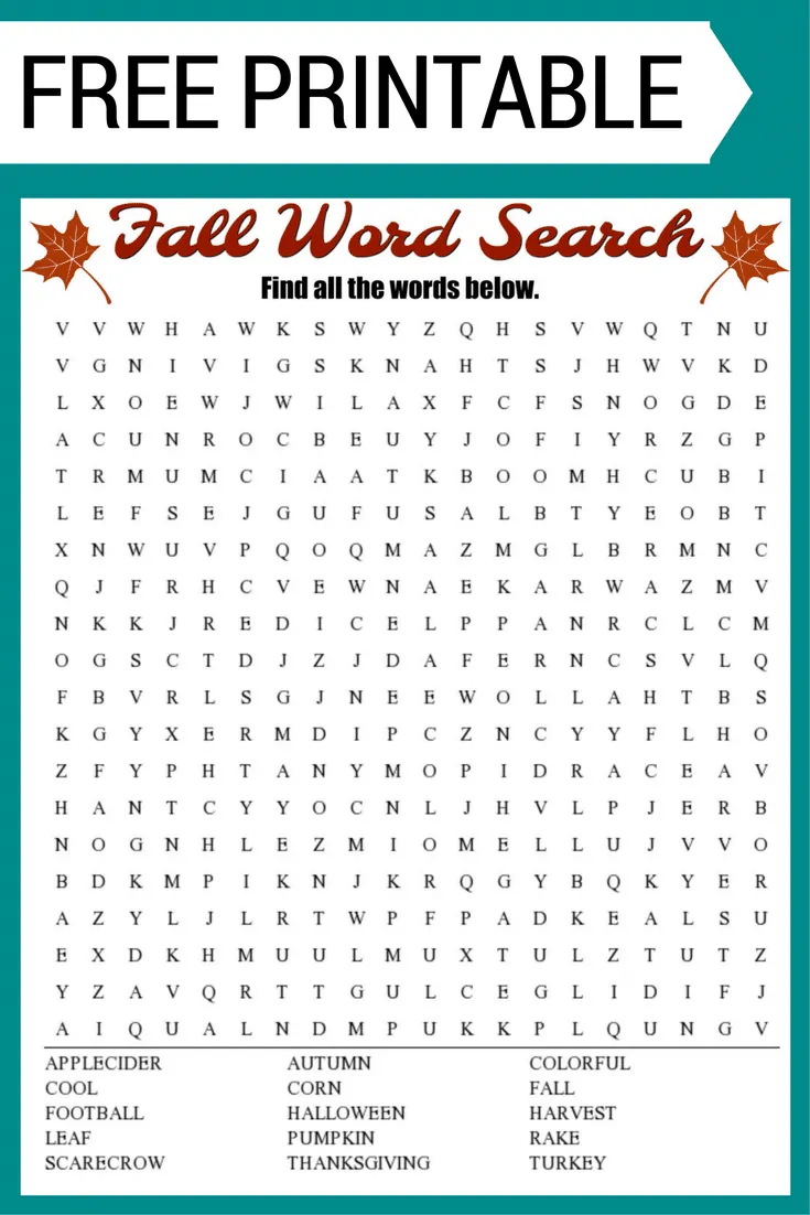 Fall Word Search Free Printable Worksheet Printable Word Search