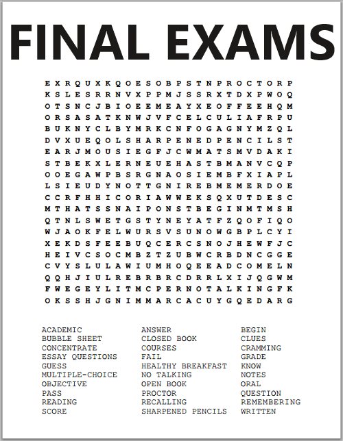 Final Exams Printable Word Search Puzzle Student Handouts 