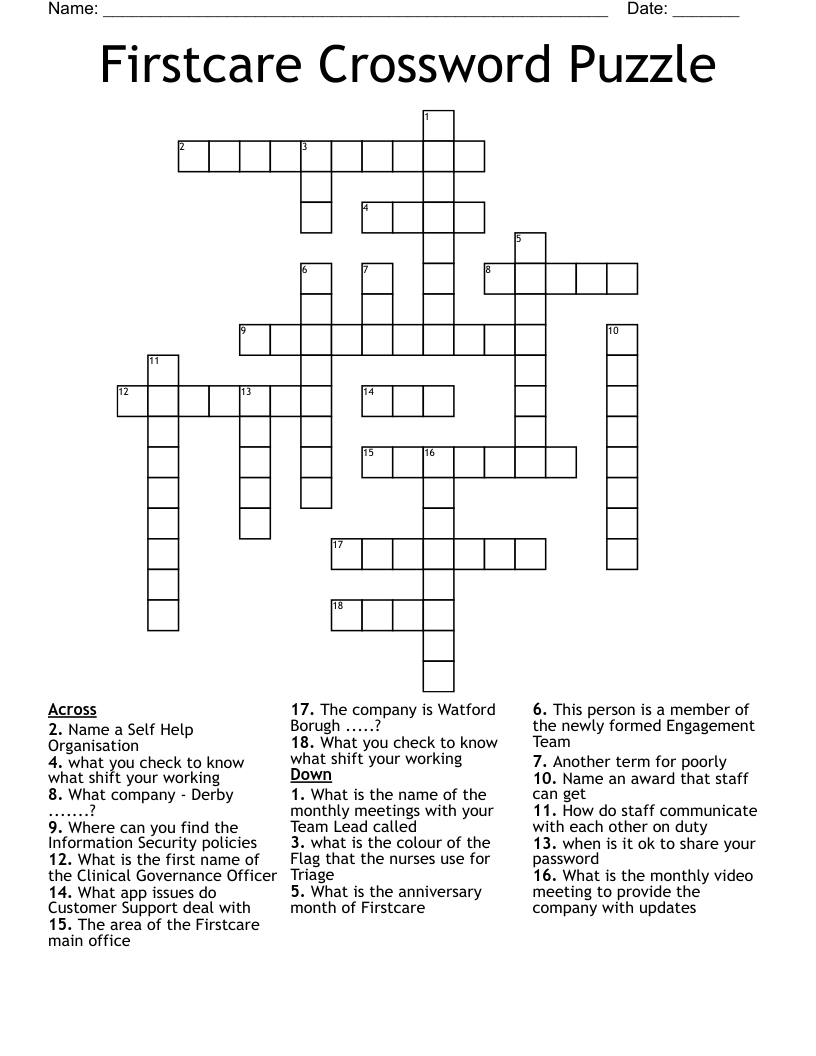 Firstcare Crossword Puzzle WordMint