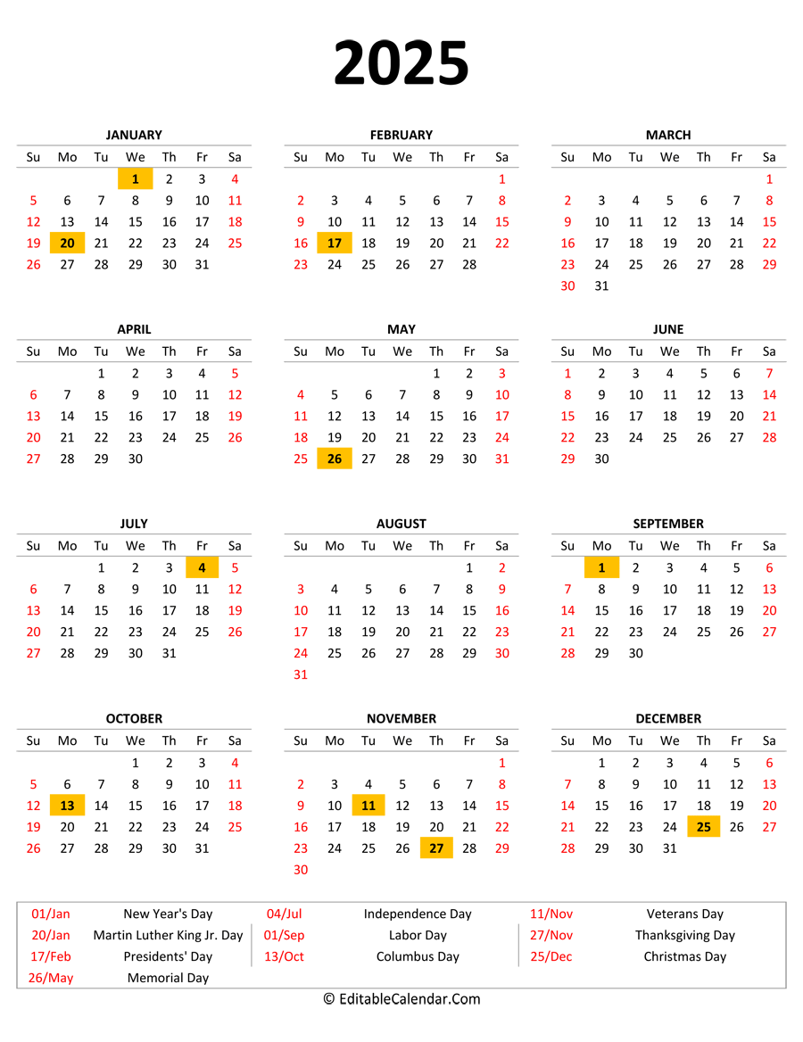 Free Printable 2025 Calendar With Holidays Pdf Connie B Reynolds