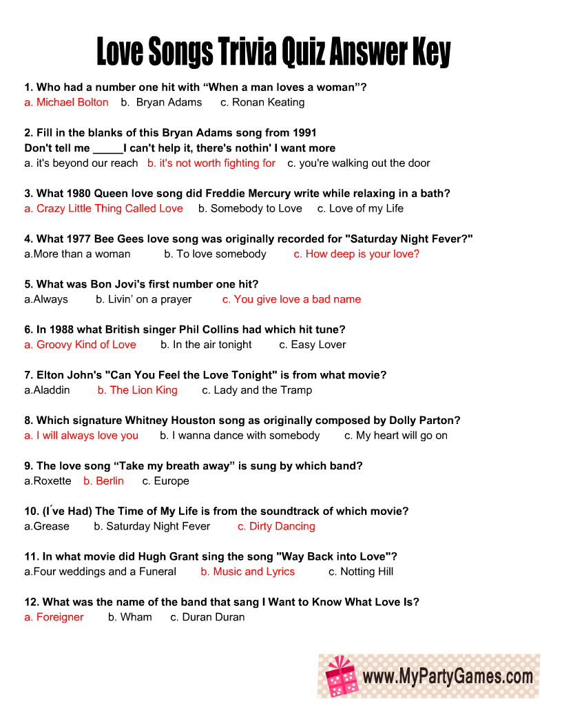 Free Printable Love Songs Trivia Quiz With Answer Key Free Printable Love Songs Trivia Quiz With Answer Key