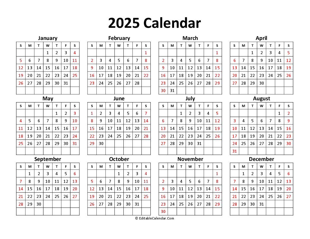 Free Printable Yearly Calendar 2025 Word Template Lucia Elise