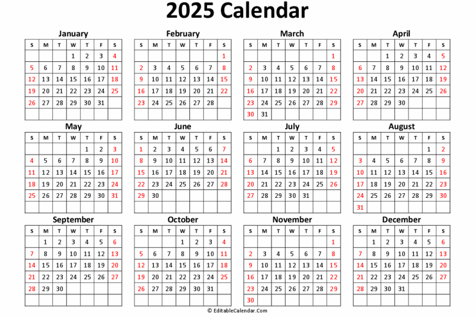 Free Printable Yearly Calendar 2025 Word Template Lucia Elise