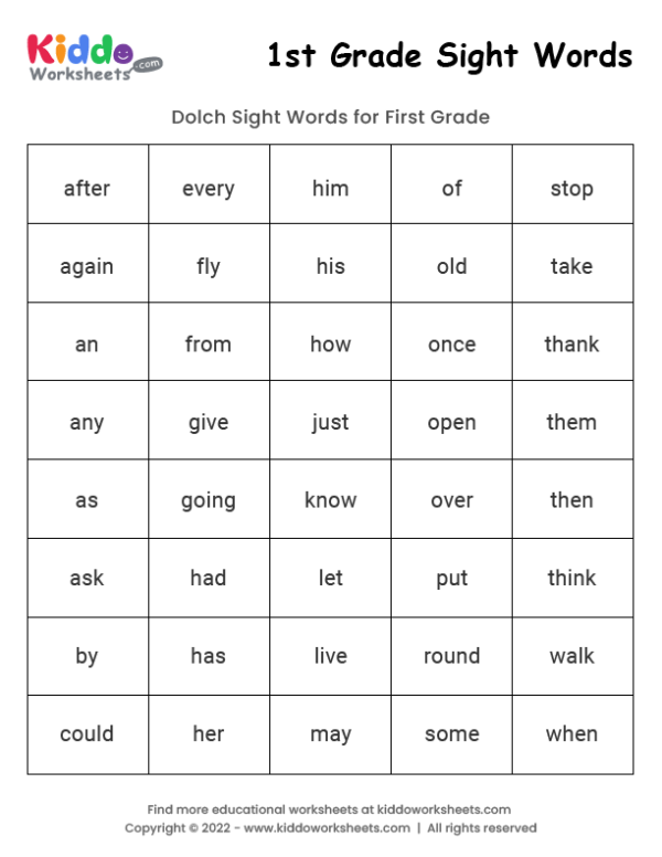 Free Sight Words Worksheet For 1st Grade