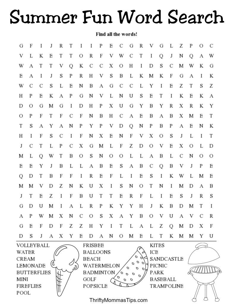 Free Summer Fun Word Search Printable