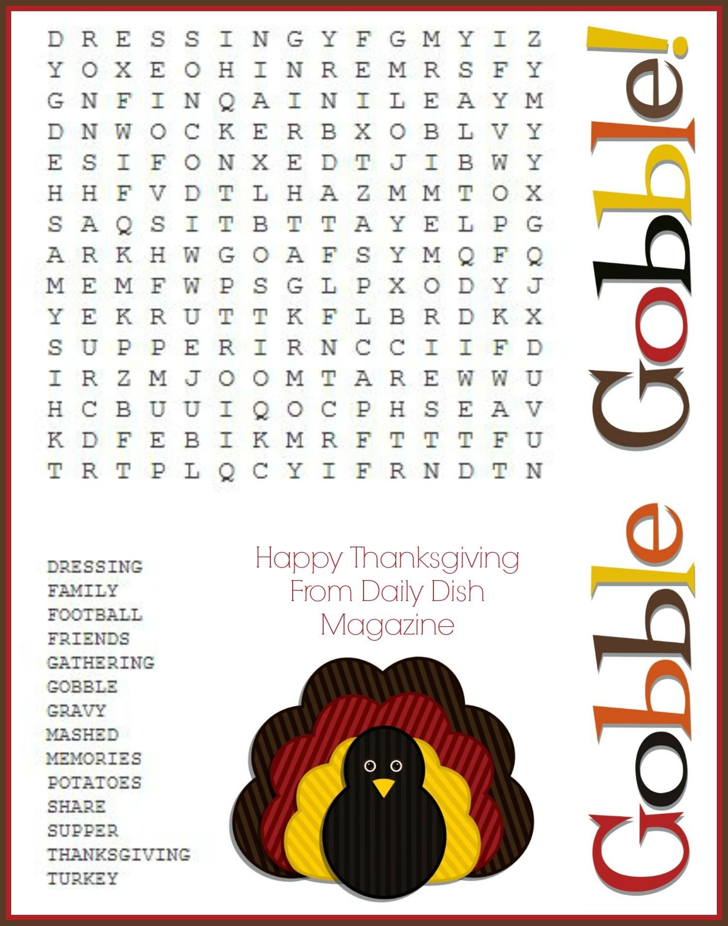 Free Thanksgiving Word Search With Turkey Design