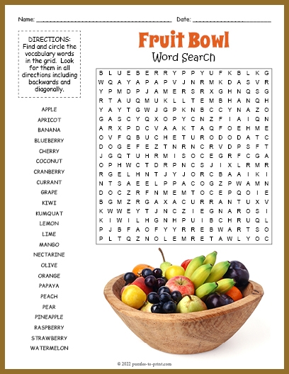 Fruits Word Search Fruits Word Search