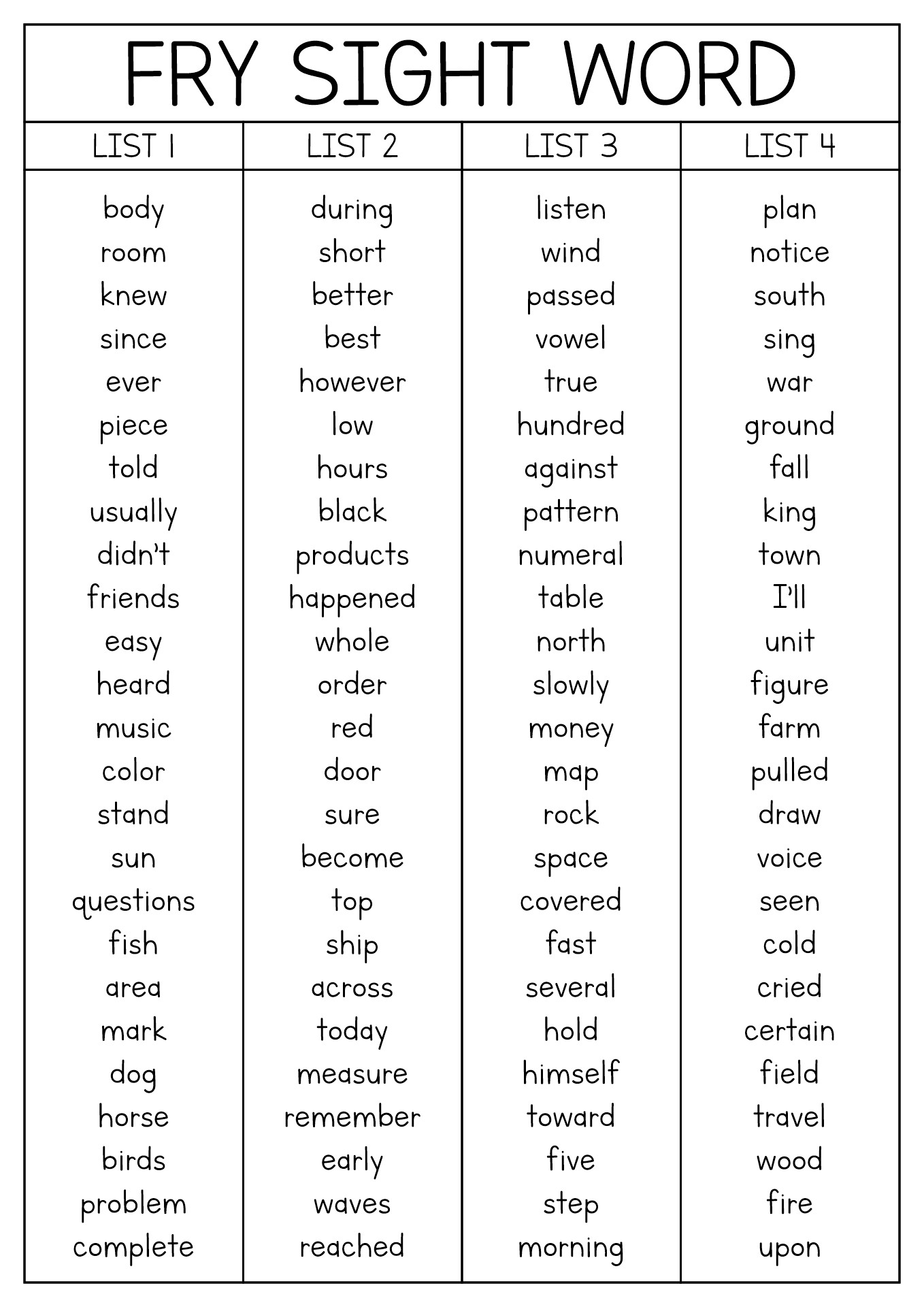 Fry Word List Printable Printable Calendars AT A GLANCE