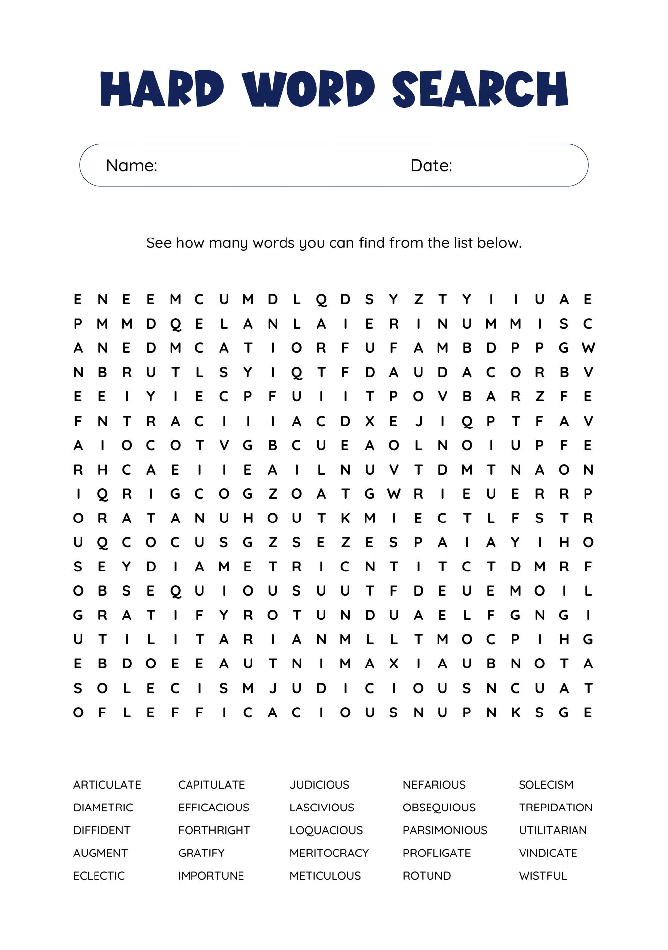 Hard Printable Word Search Puzzles
