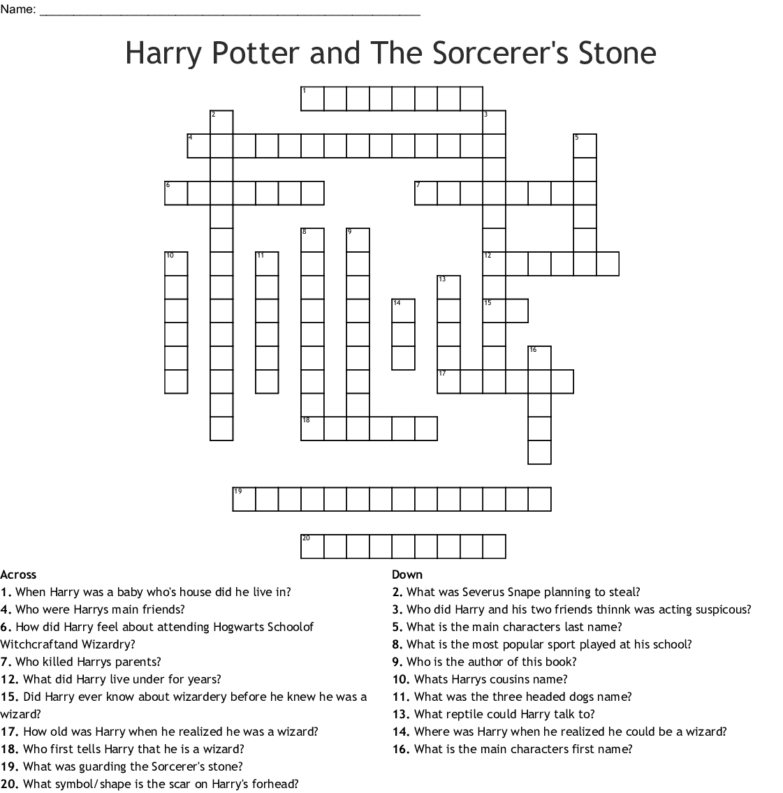 Harry Potter Printable Crossword Harry Potter Printable Crossword