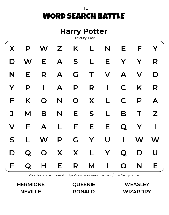 Harry Potter Printable Word Search Word Search Maker