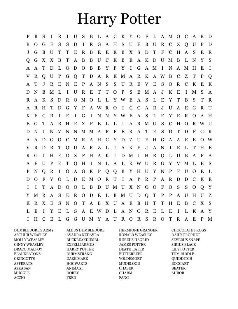 Harry Potter Printable Word Search Word Search Maker