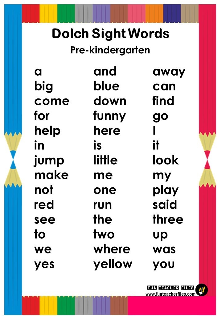 Kindergarten Dolch Sight Words List Printable