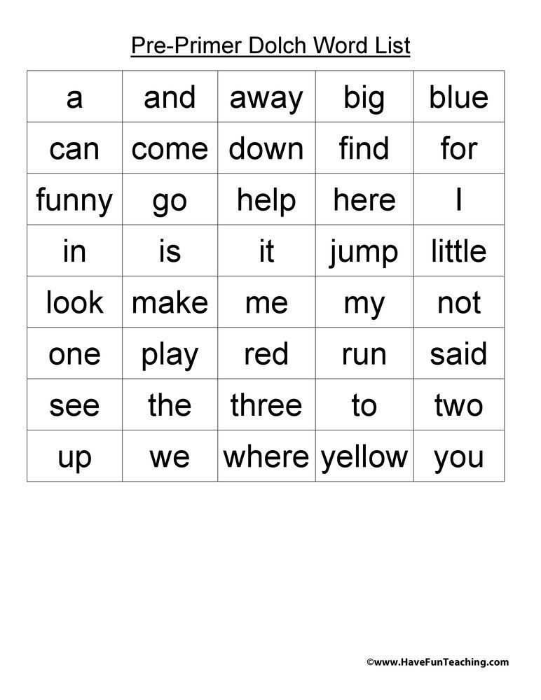 Kindergarten Dolch Sight Words List Printable