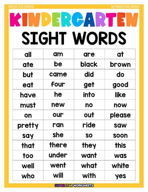 Kindergarten Sight Words List Printable