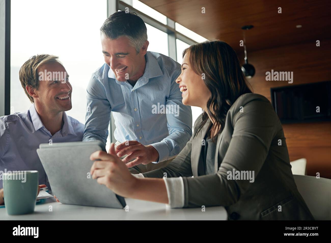 Laughing Tablet And Business People In Meeting For Online Results 