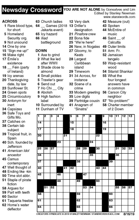 Newsday Crossword Puzzle For Aug 16 2019 By Stanley Newman Creators 