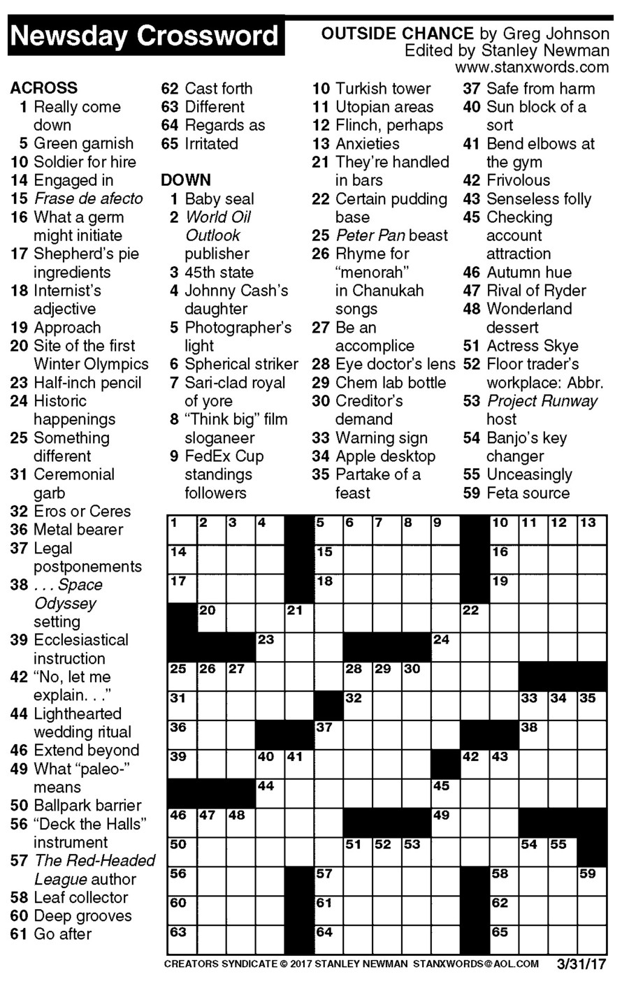 Newsday Crossword Puzzle For Mar 31 2017 By Stanley Newman Creators 