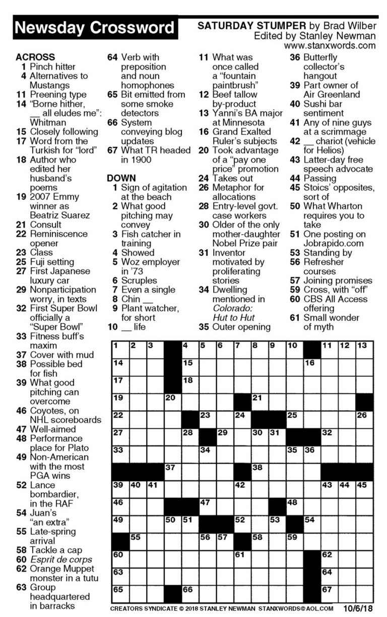 Newsday Crossword Puzzle For Oct 06 2018 stanley Newman Printable Newsday Crossword Puzzle For Oct 06 2018 stanley Newman Printable