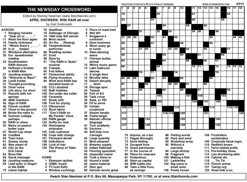 Newsday Crossword Sunday For Apr 05 2015 By Stanley Newman Creators Newsday Crossword Sunday For Apr 05 2015 By Stanley Newman Creators