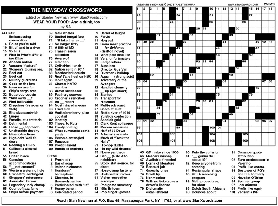 Newsday Crossword Sunday For Feb 23 2020 By Stanley Newman Creators 
