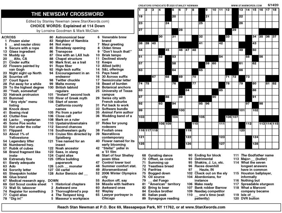 Newsday Crossword Sunday For Jun 14 2020 By Stanley Newman Creators 