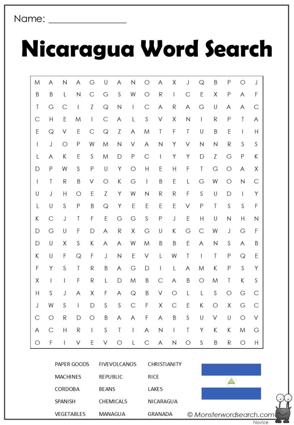 Nicaragua Word Search Monster Word Search Nicaragua Word Search Monster Word Search