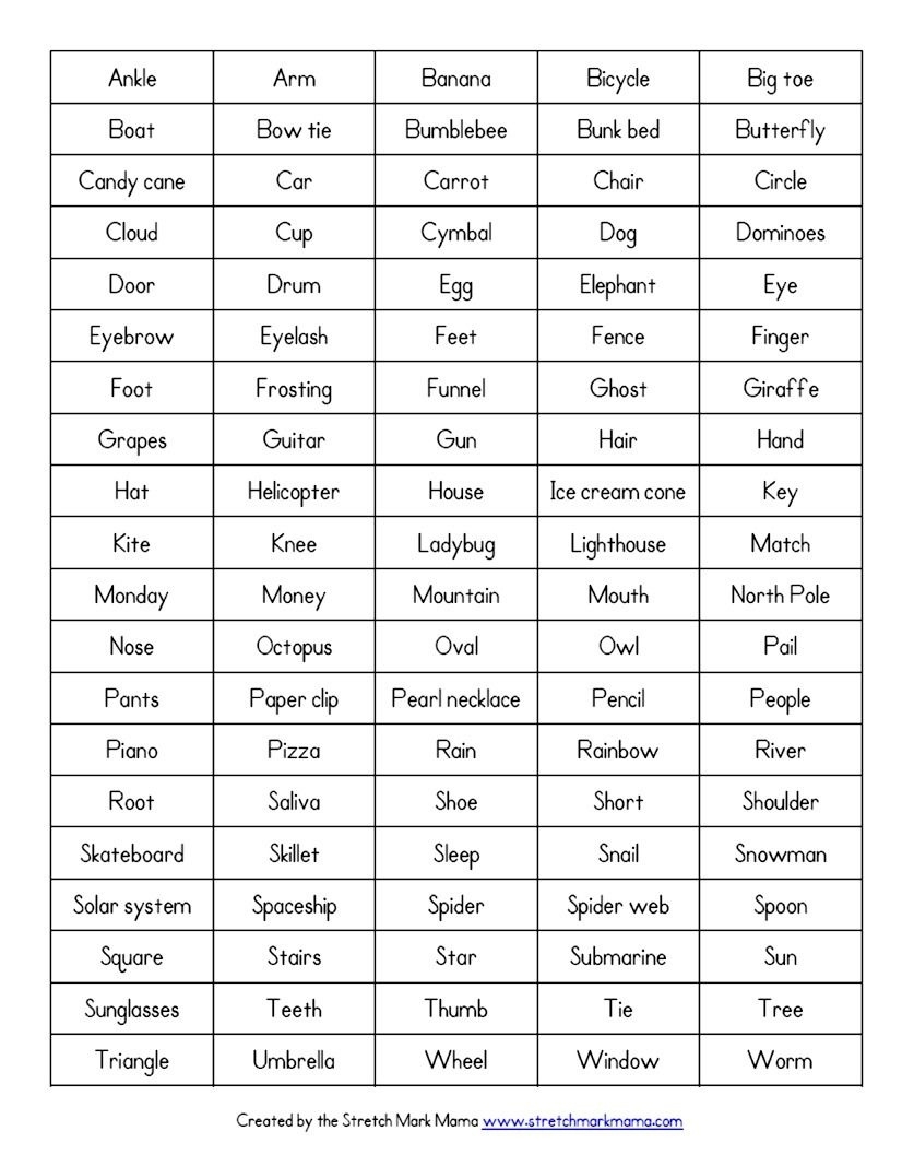 Pictionary Words Printable Pdf