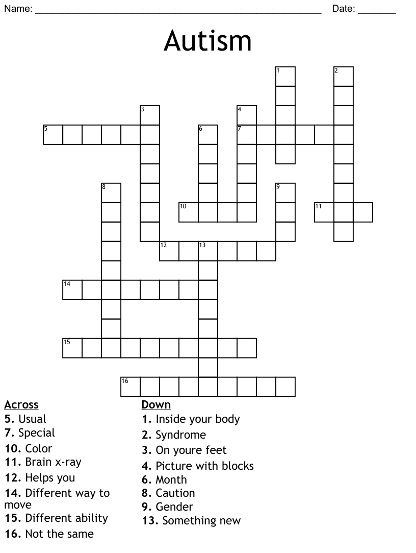 Printable Autism Awareness Crossword Puzzles Sally Crossword Puzzles