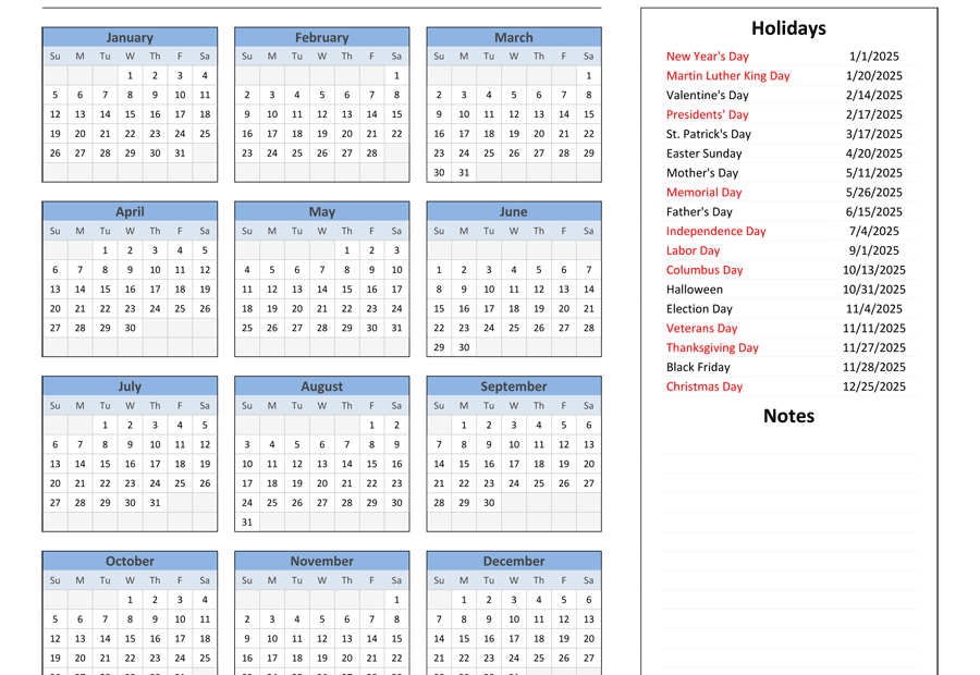 Printable Calendar 2025 With Holidays Free Download Excel Kian Hayes