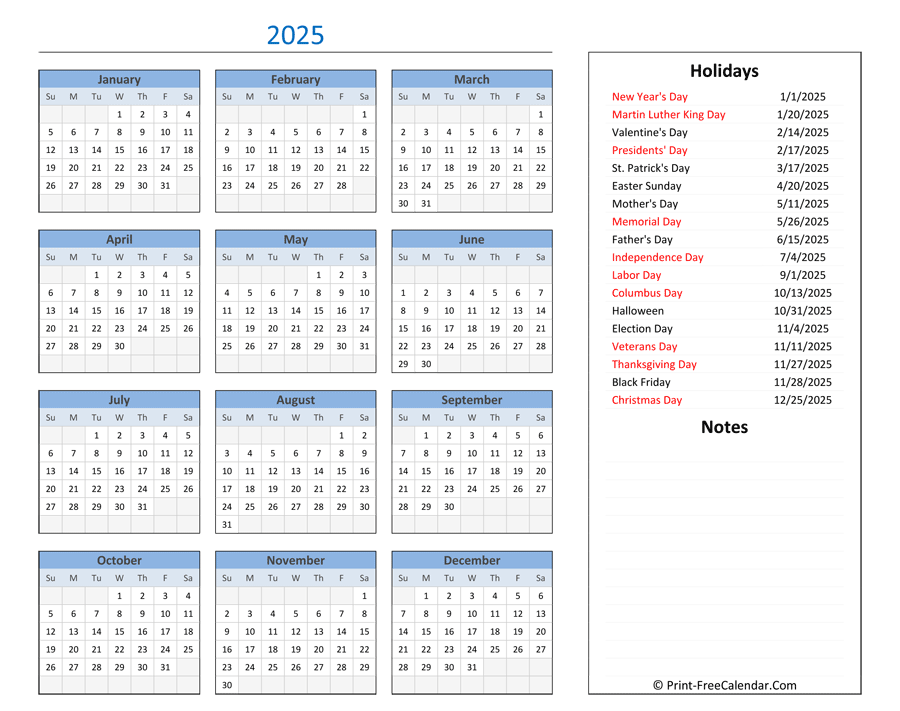 Printable Calendar 2025 With Holidays Free Download Excel Kian Hayes