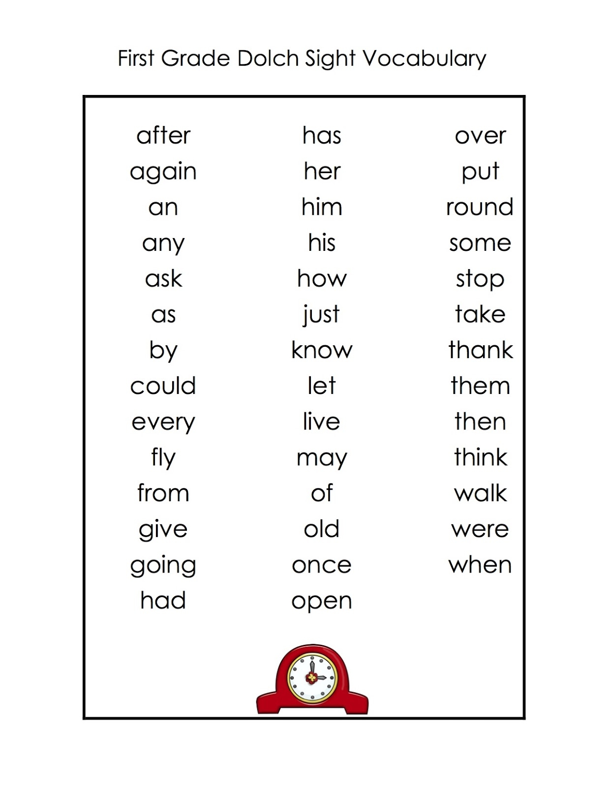 Printable Dolch Word List Kindergarten