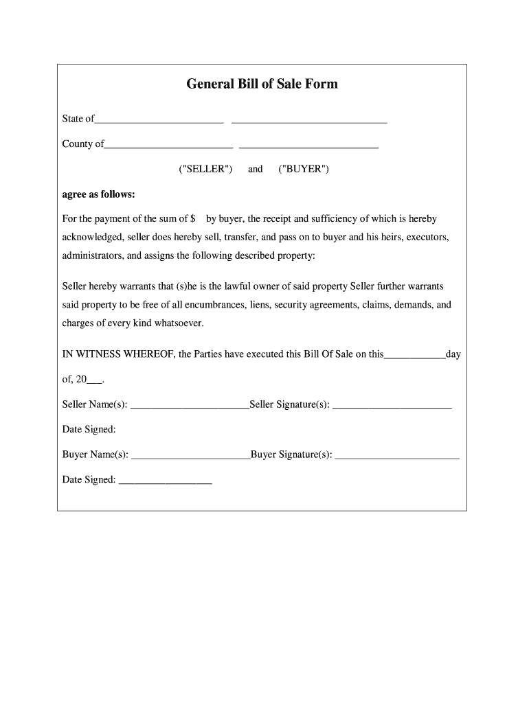 Printable General Bill Of Sale Template Word