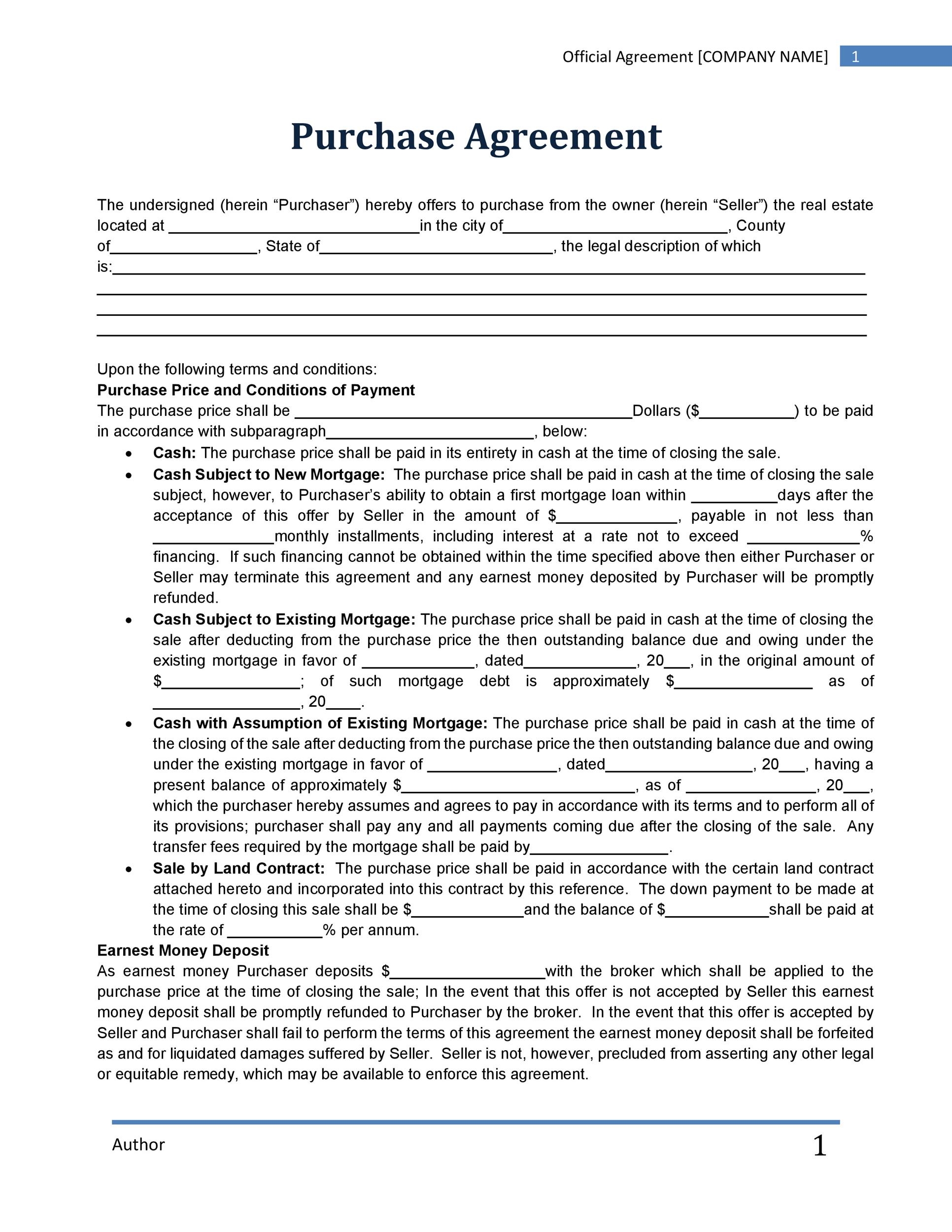 Printable Simple Purchase Agreement Template Word