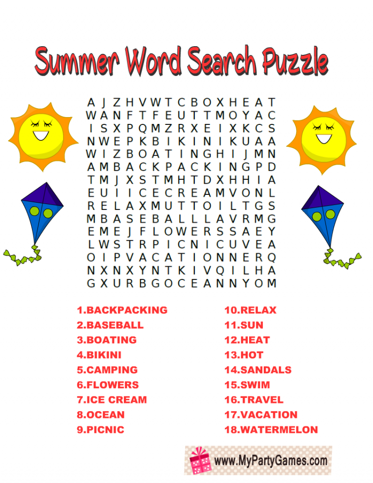 Printable Summer Word Search Puzzles
