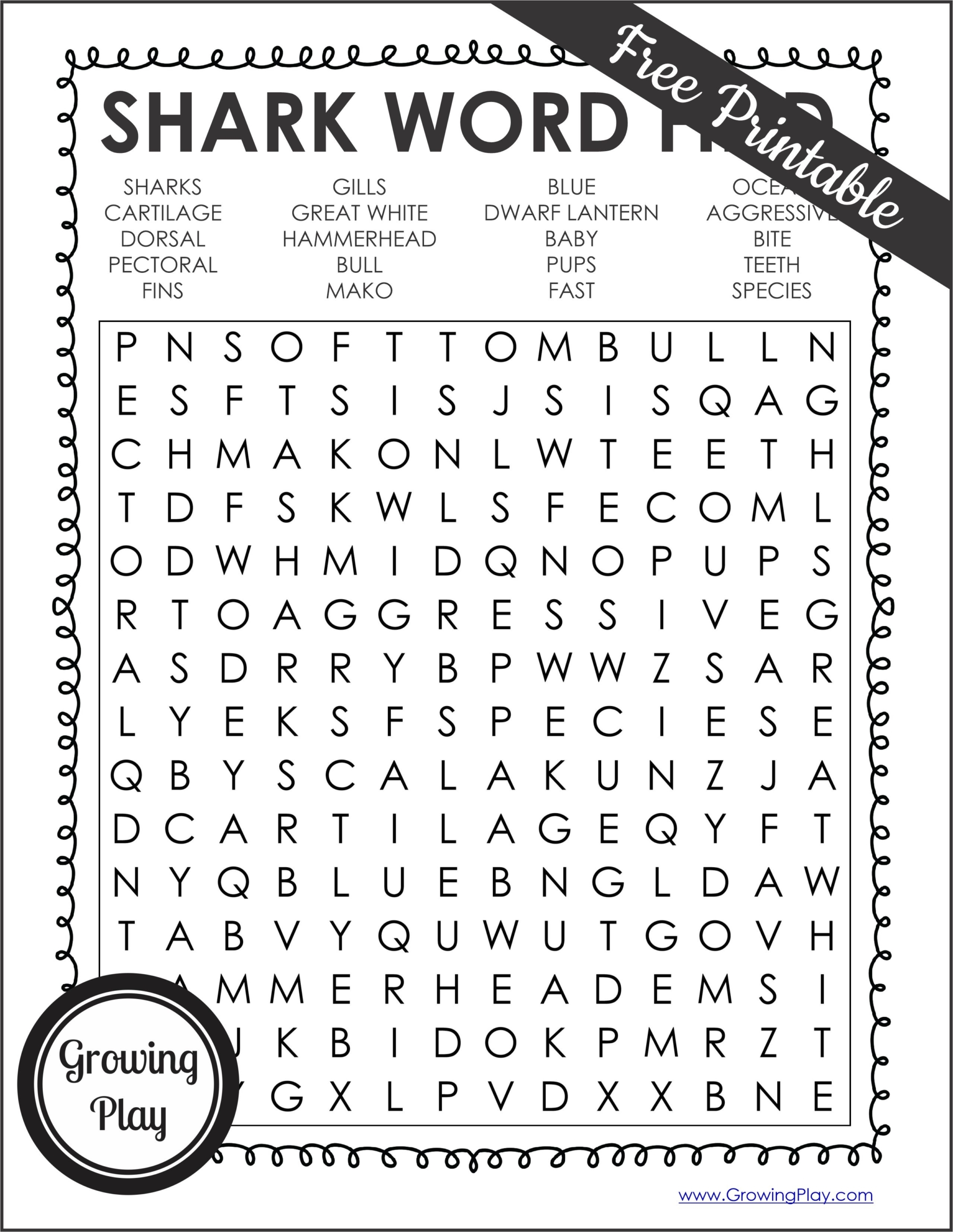 Shark Word Search PDF Free Printable Growing Play